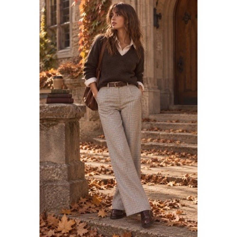 Abercrombie & Fitch Women L Plaid Wide Leg Trousers Tan Blue Glen Check Pants